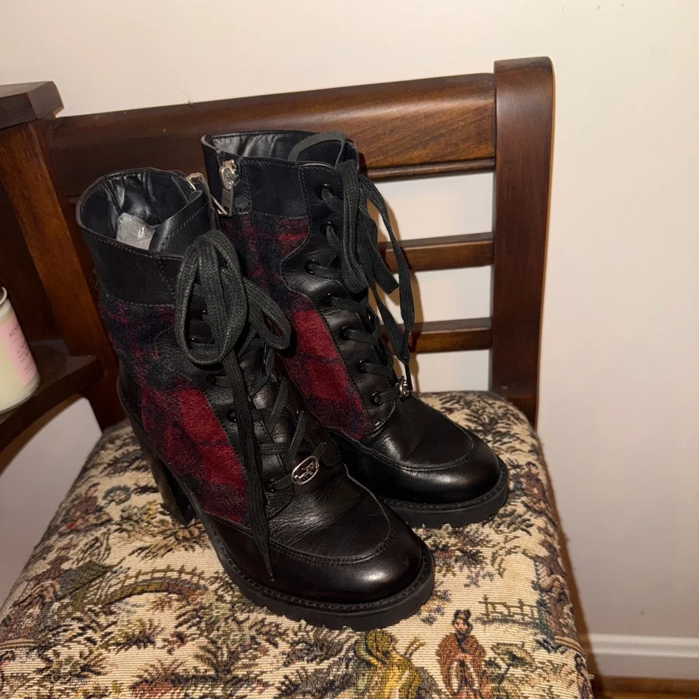 Coach Hartley Plaid Lace-Up Booties Black Leather & Red Wool Ankle Boots 7B